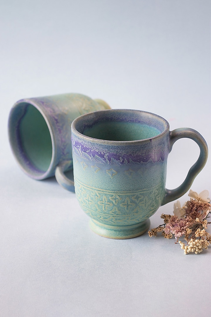 Blue & Green Ceramic Mugs (Set Of 2) by The Table Fable at Pernia's Pop Up Shop