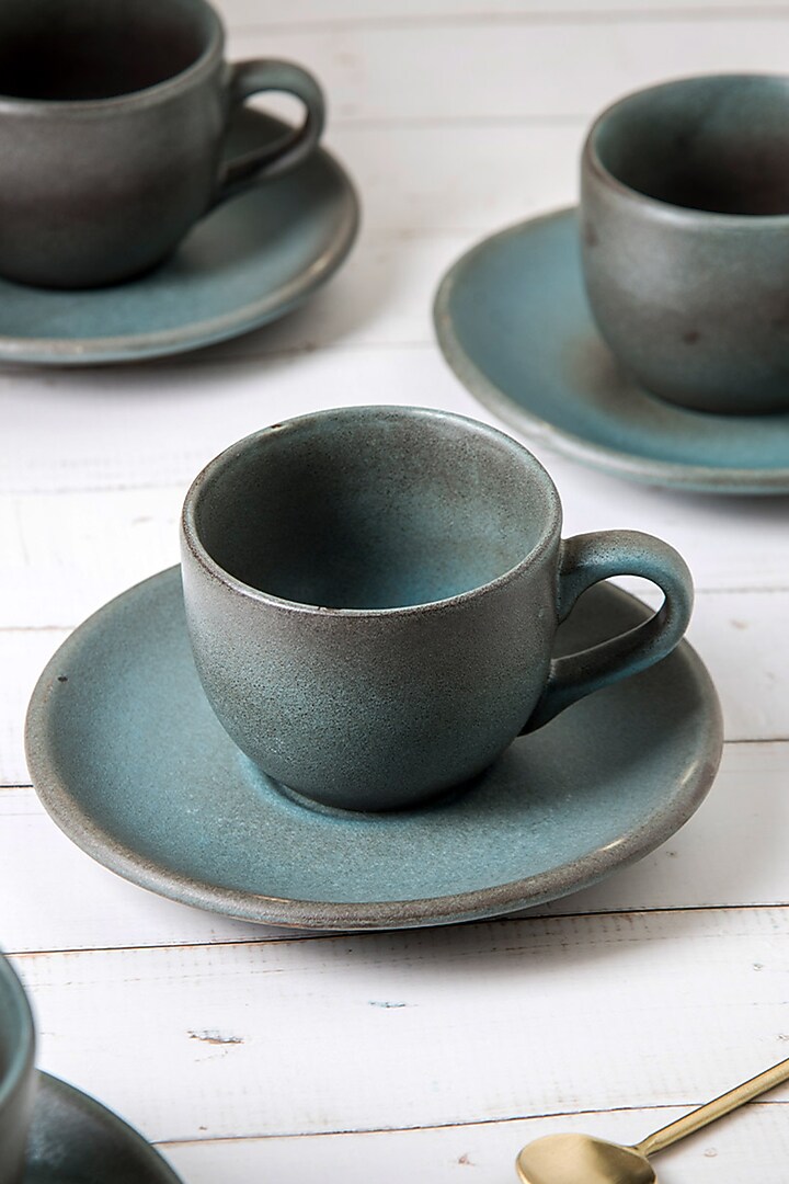 Dove Blue Ceramic Mugs & Saucers Set Of 6 by The Table Fable at Pernia's Pop Up Shop