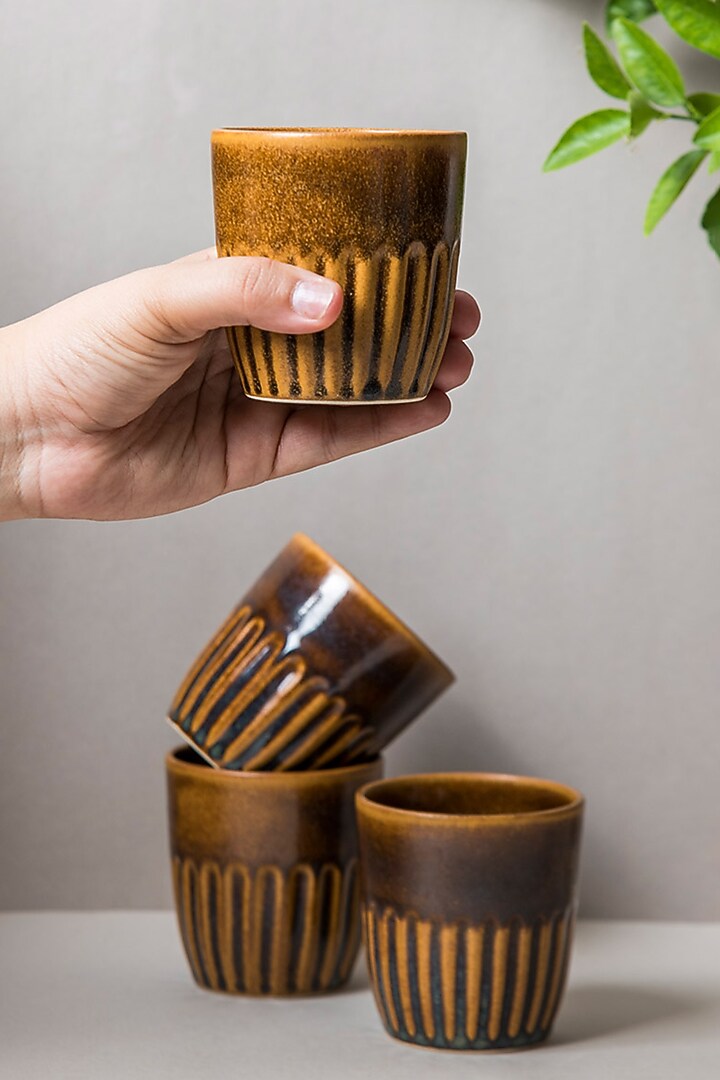 Mustard Ceramic Kulhads (Set Of 6) by The Table Fable at Pernia's Pop Up Shop