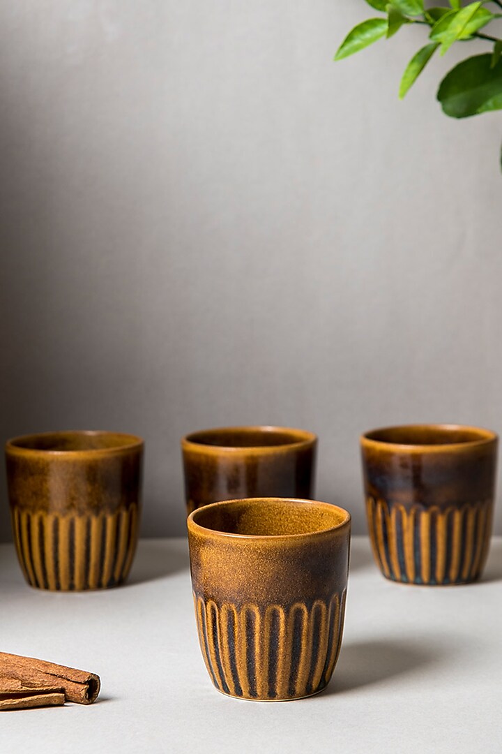 Mustard Ceramic Kulhads (Set Of 6) by The Table Fable at Pernia's Pop Up Shop