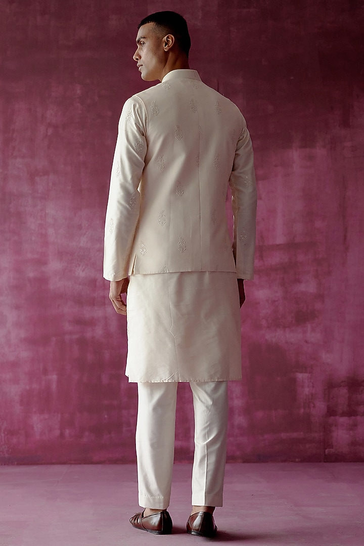 Off-White Cotton Silk Sequins Hand Embroidered Bundi Jacket Set by Pouli Pret Men at Pernia's Pop Up Shop