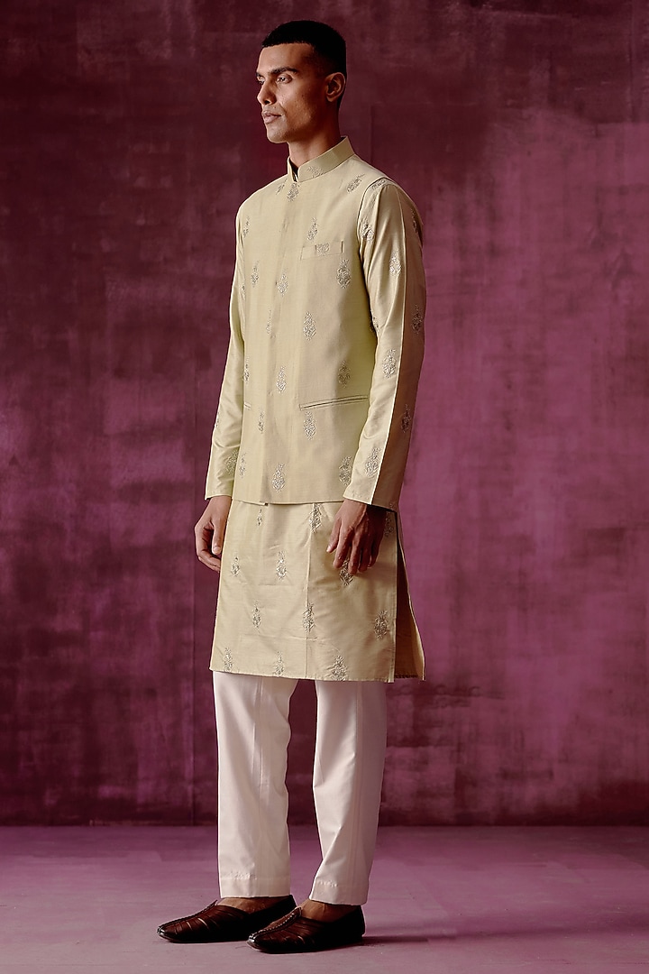 Sage Green Cotton Silk Sequins Hand Embroidered Bundi Jacket Set by Pouli Pret Men at Pernia's Pop Up Shop