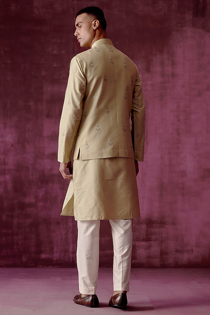 Sage Green Cotton Silk Sequins Hand Embroidered Bundi Jacket Set by Pouli Pret Men at Pernia's Pop Up Shop