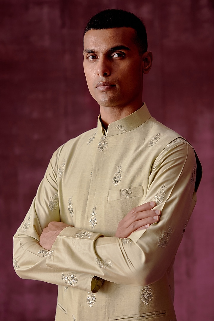 Sage Green Cotton Silk Sequins Hand Embroidered Bundi Jacket Set by Pouli Pret Men at Pernia's Pop Up Shop