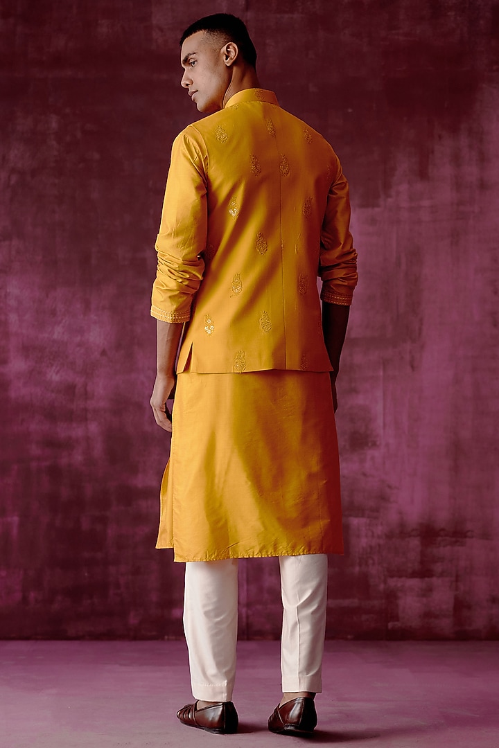 Ochre Yellow Cotton Silk Sequins Hand Embroidered Bundi Jacket Set by Pouli Pret Men at Pernia's Pop Up Shop