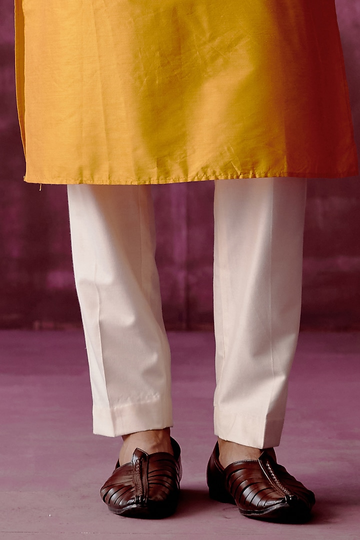 Ochre Yellow Cotton Silk Sequins Hand Embroidered Bundi Jacket Set by Pouli Pret Men at Pernia's Pop Up Shop
