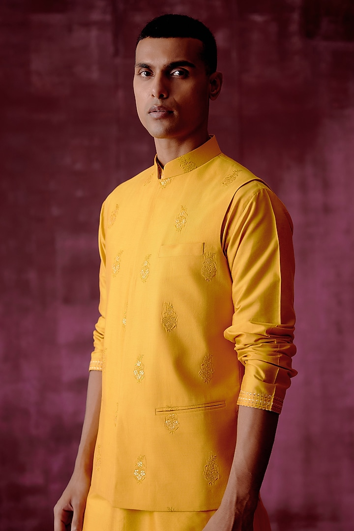 Ochre Yellow Cotton Silk Sequins Hand Embroidered Bundi Jacket Set by Pouli Pret Men at Pernia's Pop Up Shop