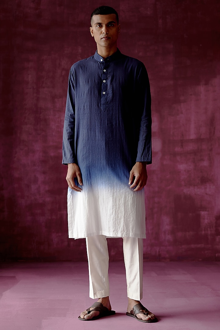 Navy Blue Ombre Dyed Cotton Jacquard Kurta Set by Pouli Pret Men