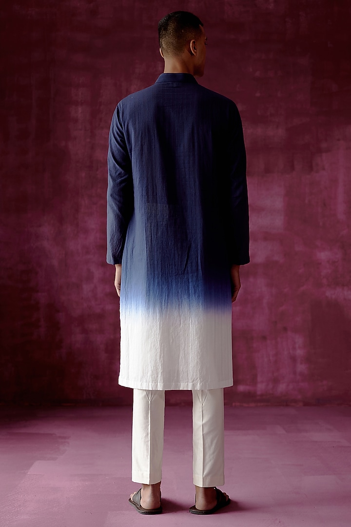 Navy Blue Ombre Dyed Cotton Jacquard Kurta Set by Pouli Pret Men at Pernia's Pop Up Shop