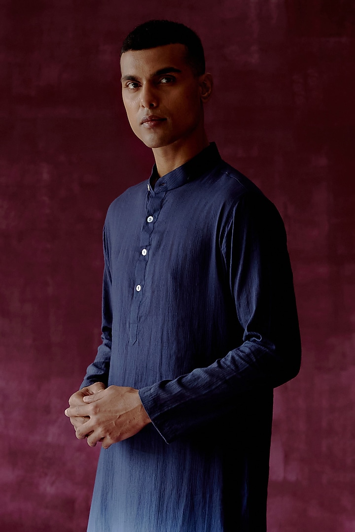 Navy Blue Ombre Dyed Cotton Jacquard Kurta Set by Pouli Pret Men at Pernia's Pop Up Shop