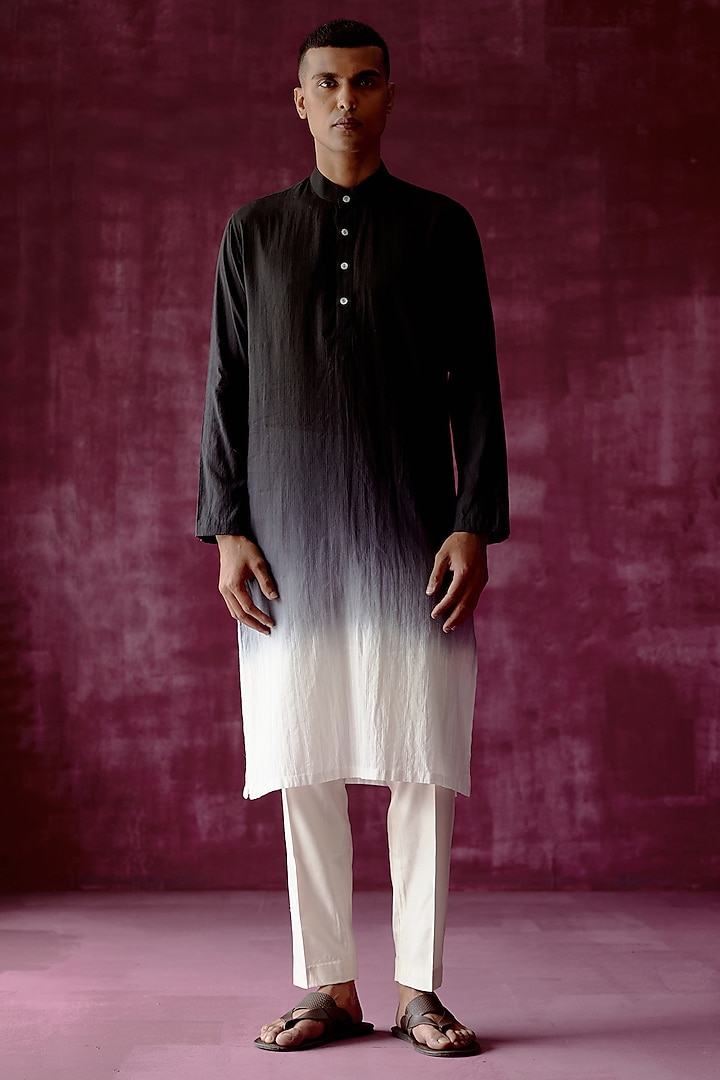 Black Ombre Dyed Cotton Jacquard Kurta Set by Pouli Pret Men at Pernia's Pop Up Shop