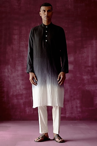 Black Ombre Dyed Cotton Jacquard Kurta Set by Pouli Pret Men