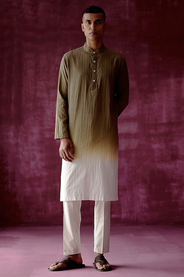 Olive Green Ombre Dyed Cotton Jacquard Kurta Set by Pouli Pret Men