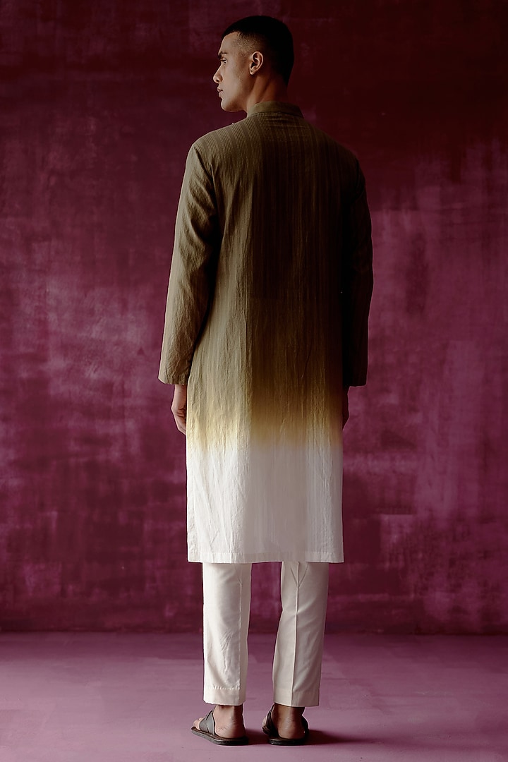 Olive Green Ombre Dyed Cotton Jacquard Kurta Set by Pouli Pret Men at Pernia's Pop Up Shop