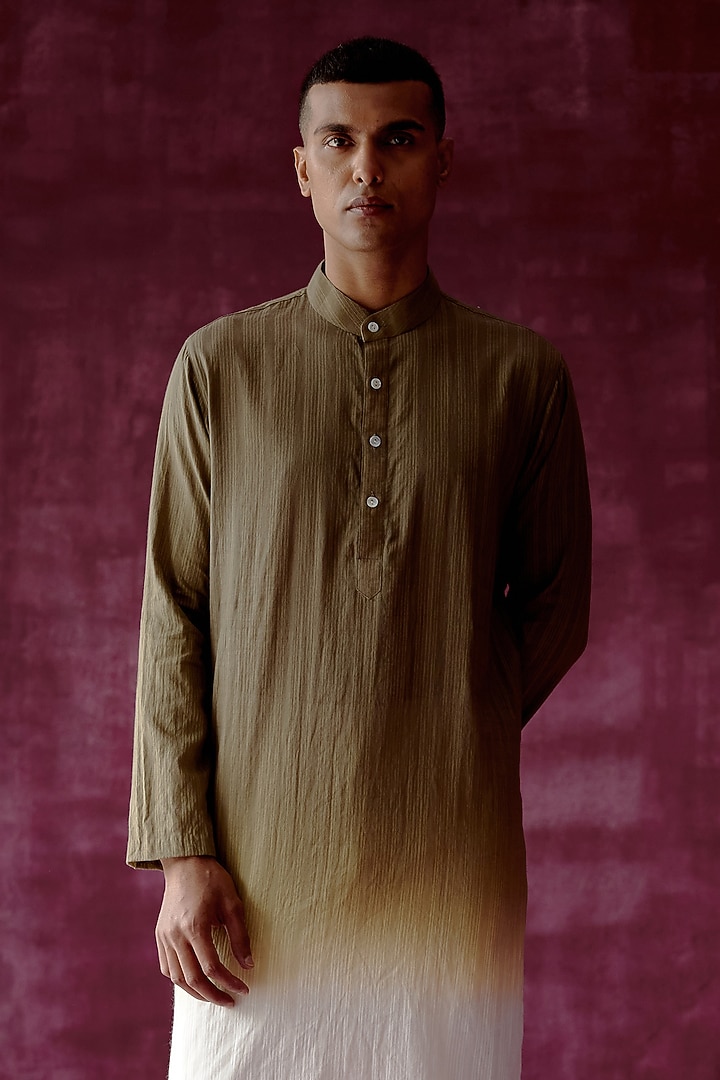 Olive Green Ombre Dyed Cotton Jacquard Kurta Set by Pouli Pret Men at Pernia's Pop Up Shop