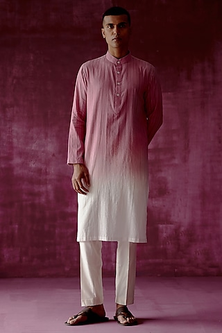 Pink Ombre Dyed Cotton Jacquard Kurta Set by Pouli Pret Men