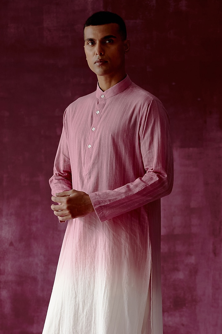 Pink Ombre Dyed Cotton Jacquard Kurta Set by Pouli Pret Men at Pernia's Pop Up Shop