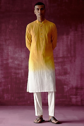 Ochre Yellow Ombre Dyed Cotton Jacquard Kurta Set by Pouli Pret Men