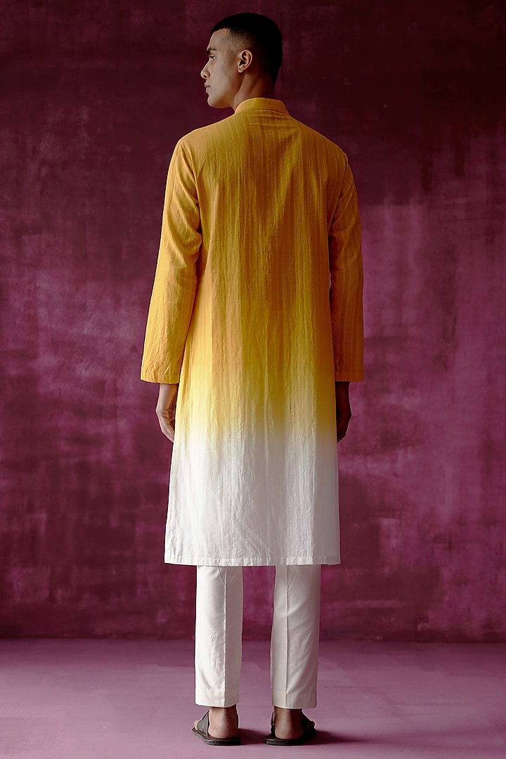 Ochre Yellow Ombre Dyed Cotton Jacquard Kurta Set by Pouli Pret Men at Pernia's Pop Up Shop