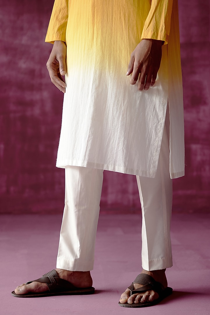 Ochre Yellow Ombre Dyed Cotton Jacquard Kurta Set by Pouli Pret Men at Pernia's Pop Up Shop