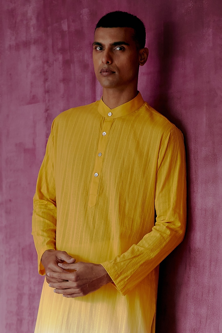 Ochre Yellow Ombre Dyed Cotton Jacquard Kurta Set by Pouli Pret Men at Pernia's Pop Up Shop