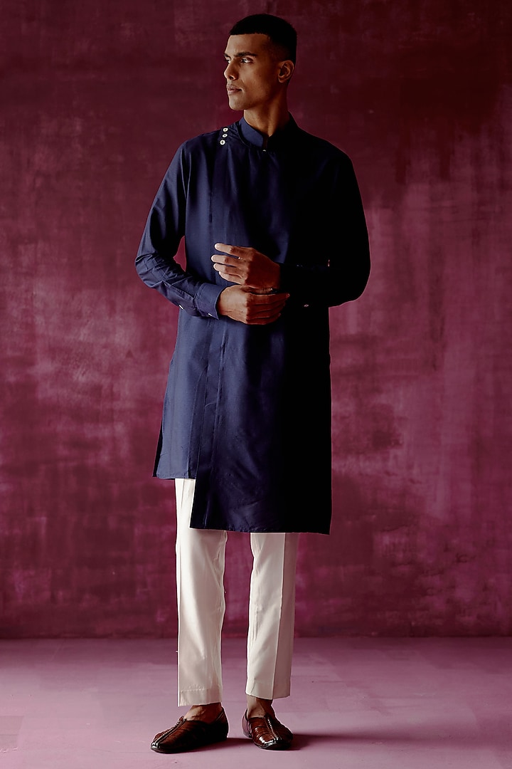 Navy Blue Cotton Satin Asymmetric Kurta Set by Pouli Pret Men