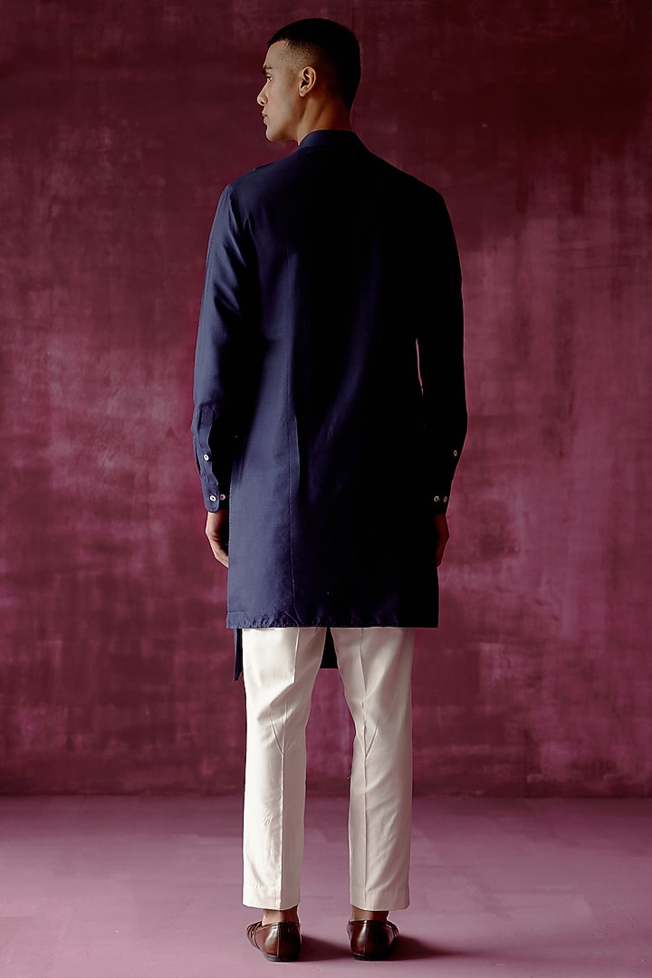 Navy Blue Cotton Satin Asymmetric Kurta Set by Pouli Pret Men at Pernia's Pop Up Shop