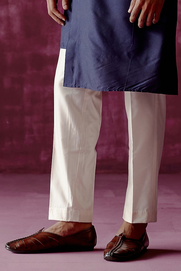 Navy Blue Cotton Satin Asymmetric Kurta Set by Pouli Pret Men at Pernia's Pop Up Shop