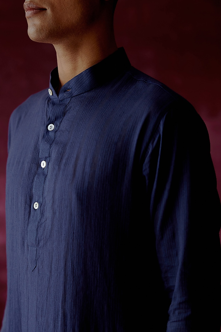 Navy Blue Cotton Satin Asymmetric Kurta Set by Pouli Pret Men at Pernia's Pop Up Shop