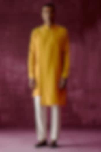 Ochre Yellow Cotton Satin Asymmetric Kurta Set by Pouli Pret Men