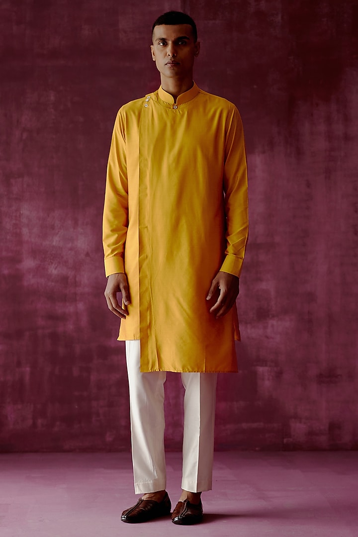 Ochre Yellow Cotton Satin Asymmetric Kurta Set by Pouli Pret Men