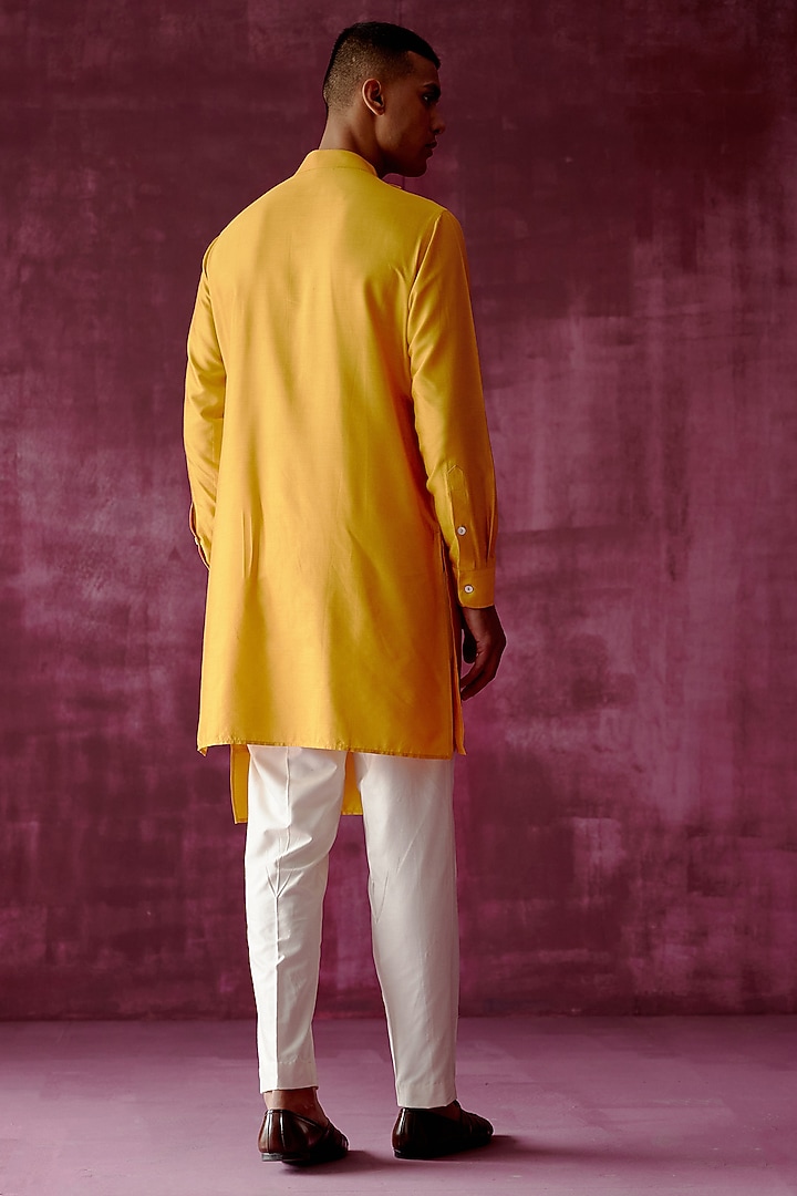 Ochre Yellow Cotton Satin Asymmetric Kurta Set by Pouli Pret Men at Pernia's Pop Up Shop
