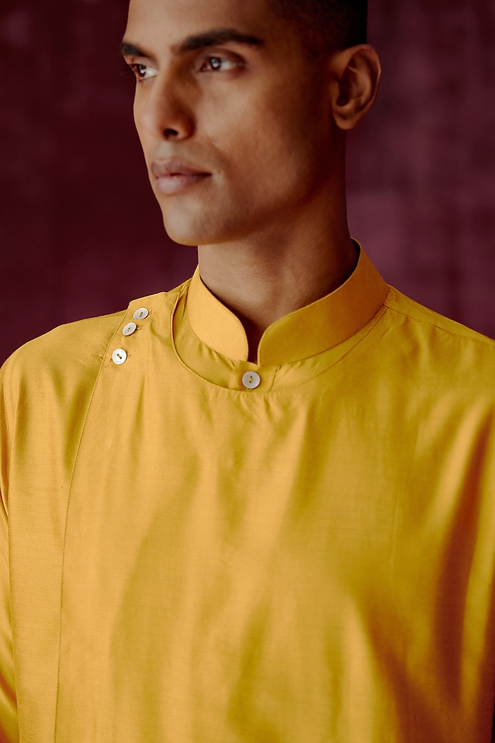 Ochre Yellow Cotton Satin Asymmetric Kurta Set by Pouli Pret Men at Pernia's Pop Up Shop