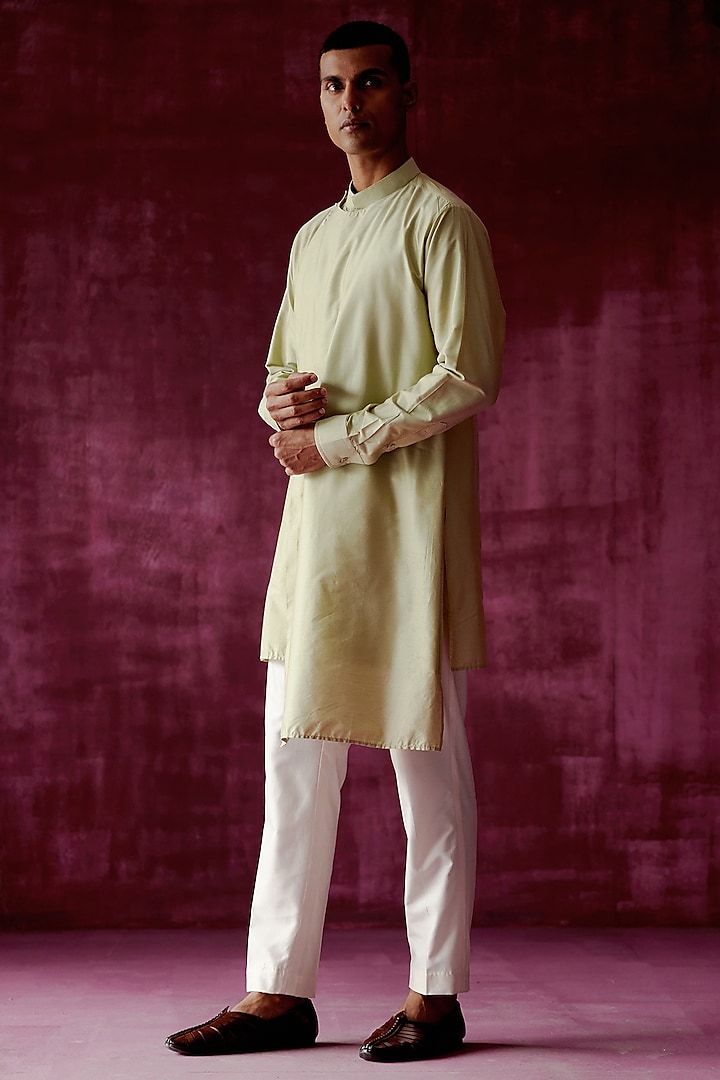 Sage Green Cotton Satin Asymmetric Kurta Set by Pouli Pret Men at Pernia's Pop Up Shop