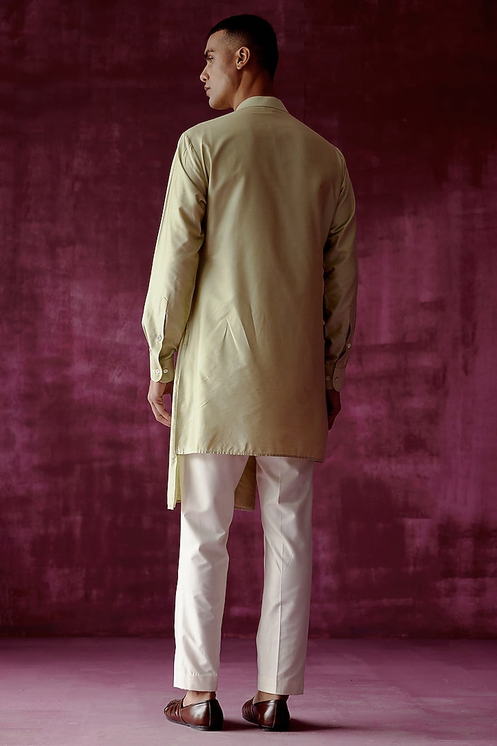 Sage Green Cotton Satin Asymmetric Kurta Set by Pouli Pret Men at Pernia's Pop Up Shop
