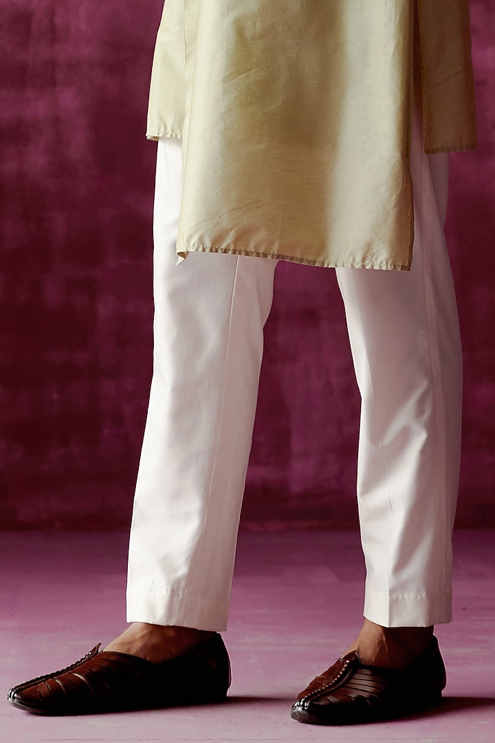 Sage Green Cotton Satin Asymmetric Kurta Set by Pouli Pret Men at Pernia's Pop Up Shop