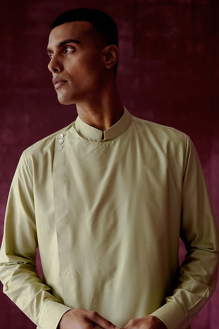 Sage Green Cotton Satin Asymmetric Kurta Set by Pouli Pret Men at Pernia's Pop Up Shop