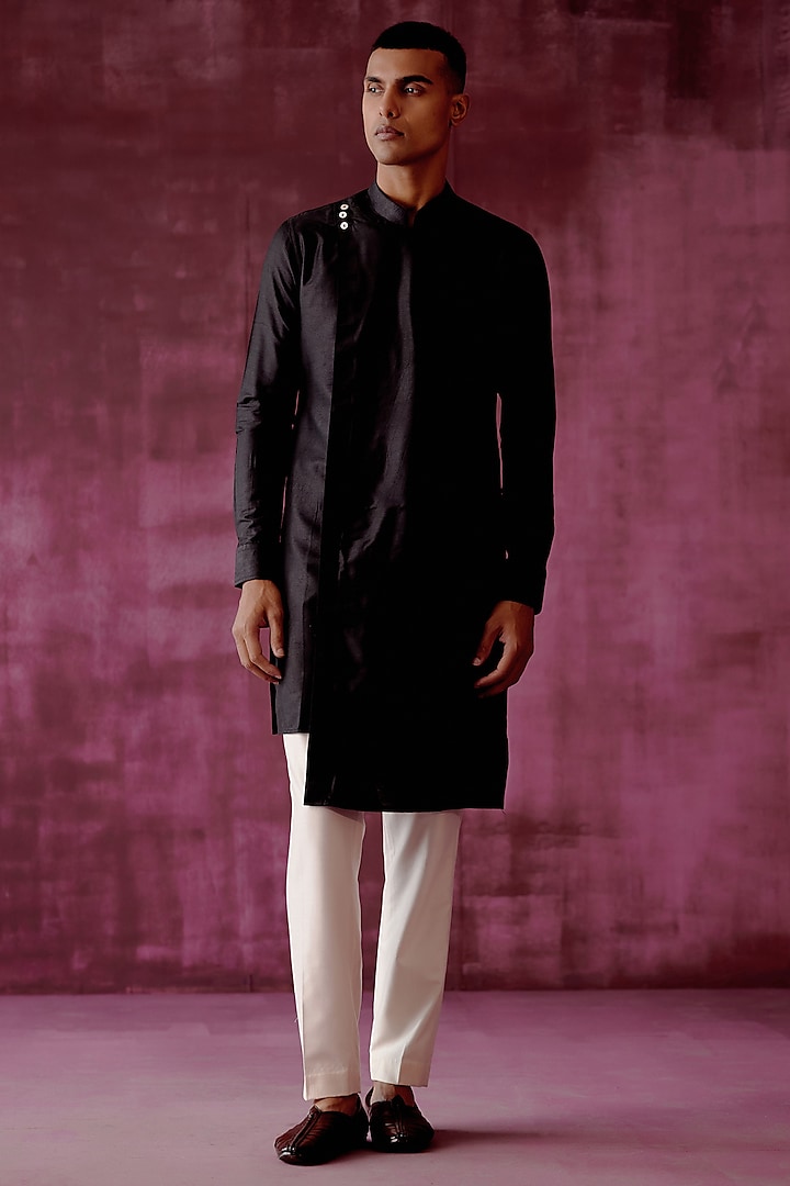 Black Cotton Satin Asymmetric Kurta Set by Pouli Pret Men