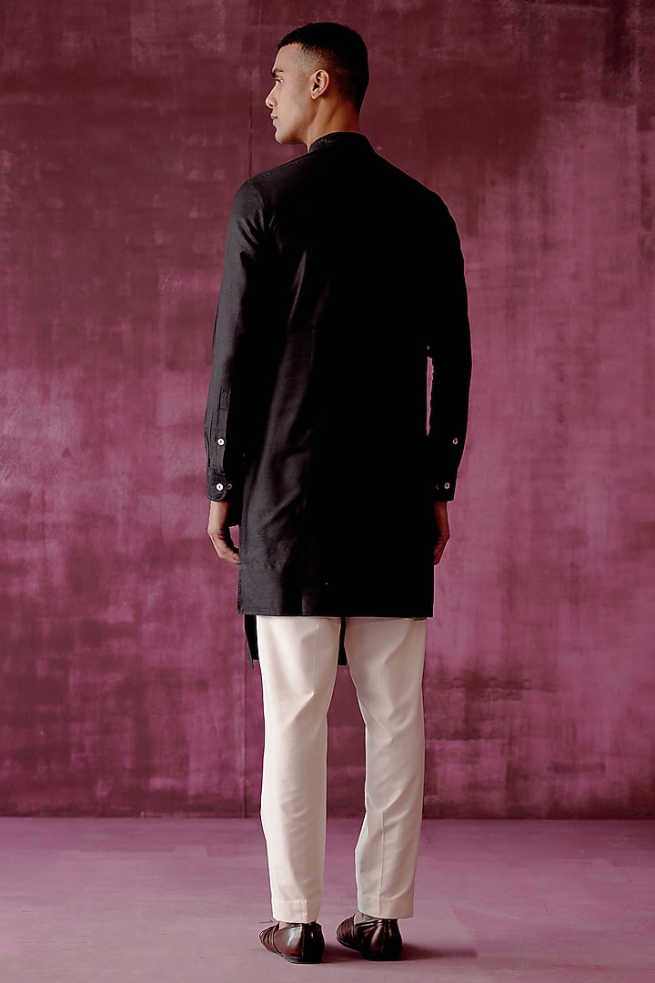 Black Cotton Satin Asymmetric Kurta Set by Pouli Pret Men at Pernia's Pop Up Shop