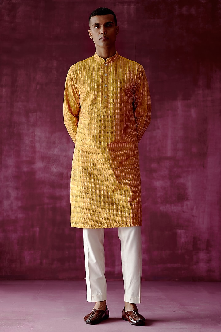 Ochre Yellow Cotton Silk Embroidered Kurta Set by Pouli Pret Men