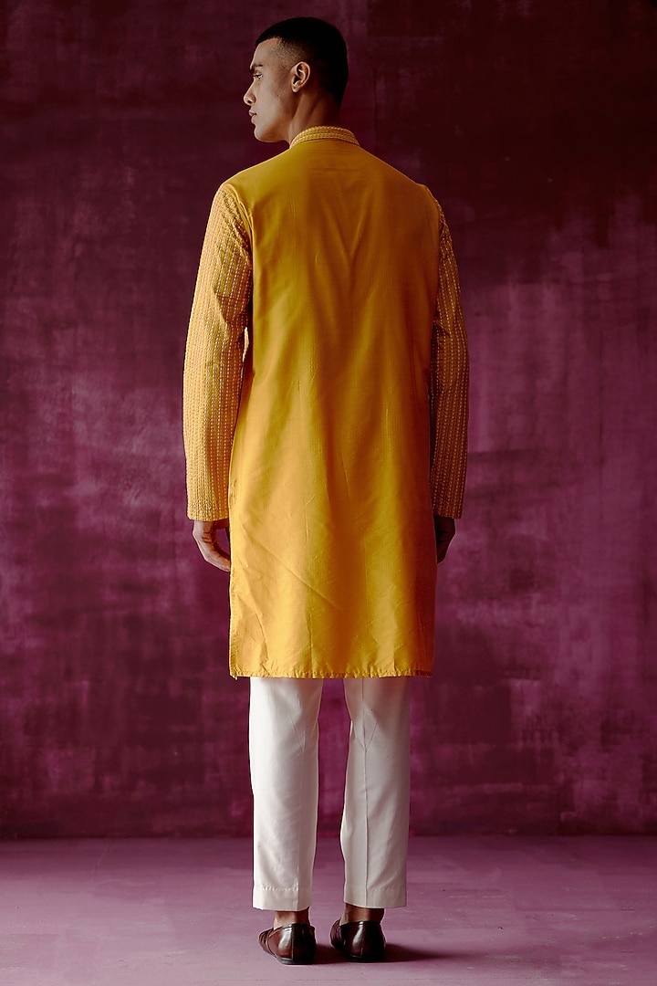 Ochre Yellow Cotton Silk Embroidered Kurta Set by Pouli Pret Men at Pernia's Pop Up Shop
