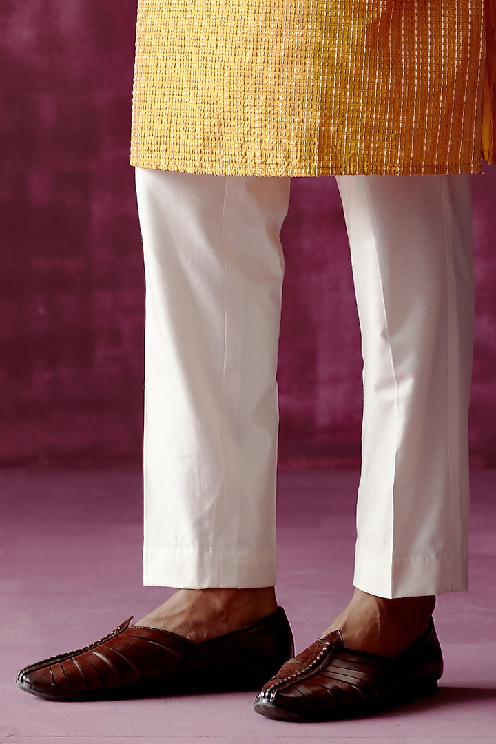 Ochre Yellow Cotton Silk Embroidered Kurta Set by Pouli Pret Men at Pernia's Pop Up Shop