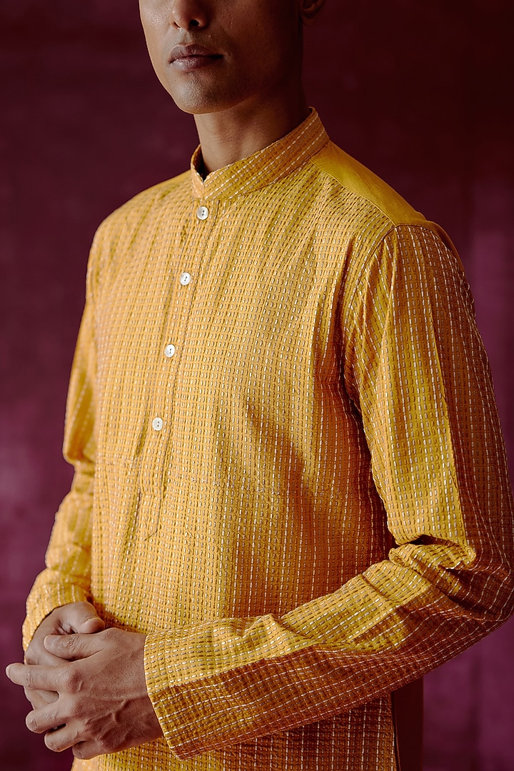 Ochre Yellow Cotton Silk Embroidered Kurta Set by Pouli Pret Men at Pernia's Pop Up Shop