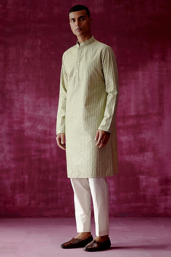 Sage Green Cotton Silk Embroidered Kurta Set by Pouli Pret Men at Pernia's Pop Up Shop