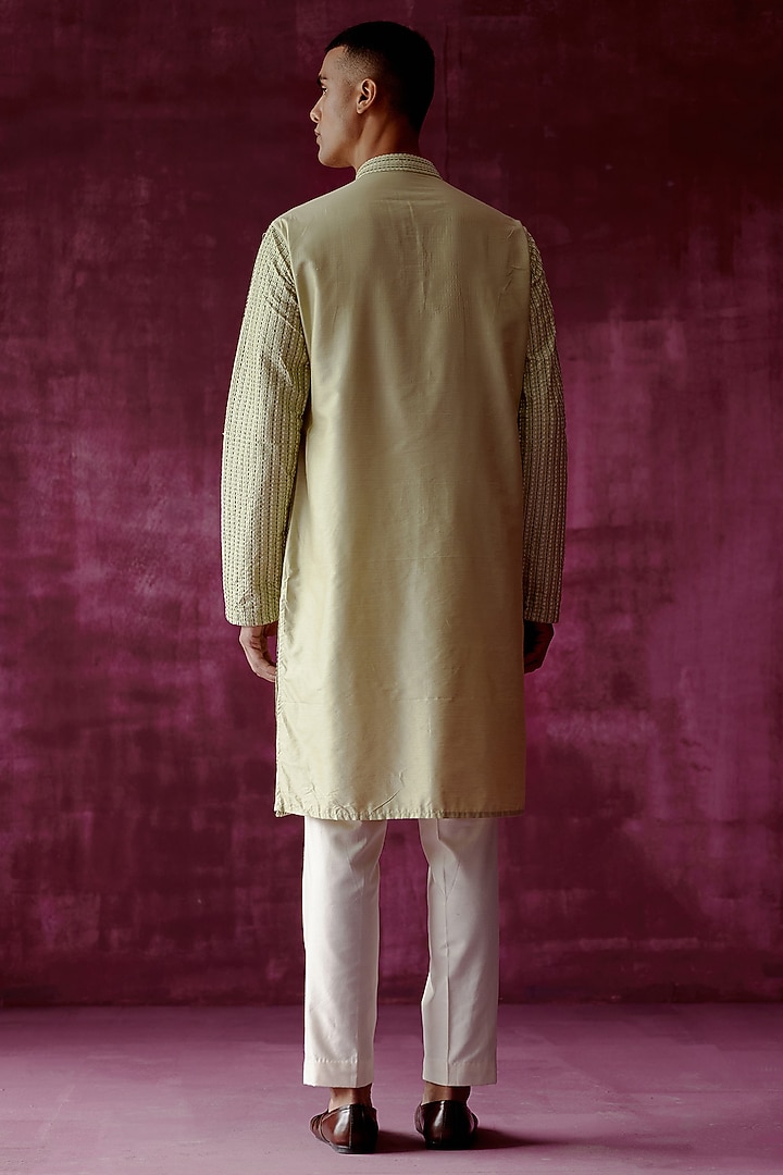 Sage Green Cotton Silk Embroidered Kurta Set by Pouli Pret Men at Pernia's Pop Up Shop