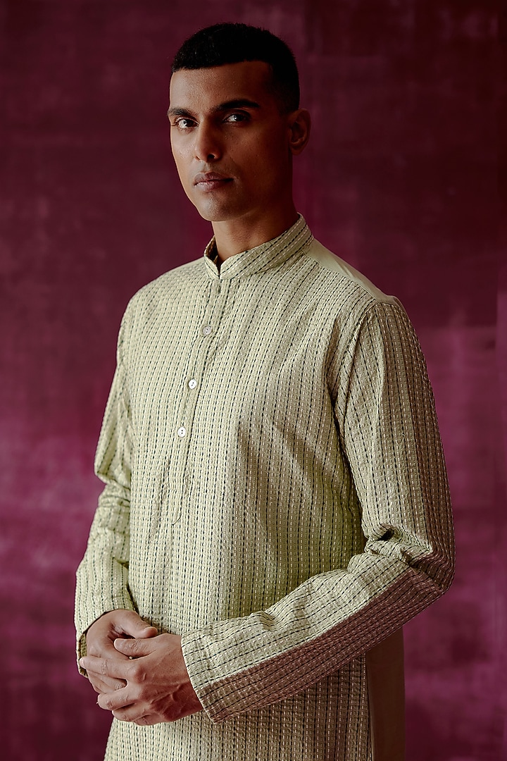 Sage Green Cotton Silk Embroidered Kurta Set by Pouli Pret Men at Pernia's Pop Up Shop