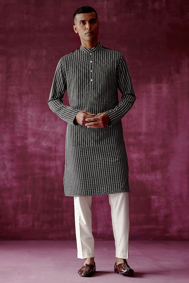 Black Cotton Silk Embroidered Kurta Set by Pouli Pret Men