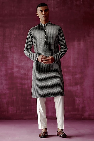 Black Cotton Silk Embroidered Kurta Set by Pouli Pret Men