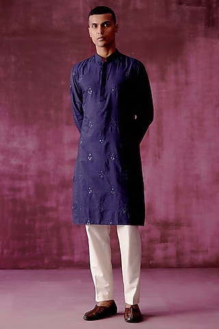 Navy Blue Cotton Silk Sequins Hand Embroidered Kurta Set by Pouli Pret Men