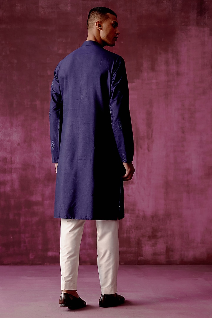 Navy Blue Cotton Silk Sequins Hand Embroidered Kurta Set by Pouli Pret Men at Pernia's Pop Up Shop